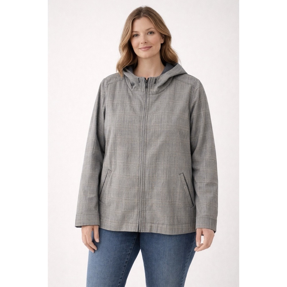 Betabrand Plaid Hooded Zip Jacket 2XL Gray Lightweight Travel Casual